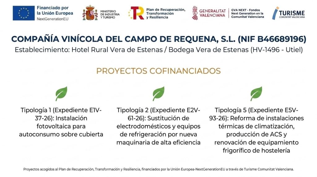 Banner oficial de proyectos de eficiencia energética y economía circular de la Compañía Vinícola del Campo de Requena, S.L. cofinanciados por la Unión Europea - NextGenerationEU y la Generalitat Valenciana.